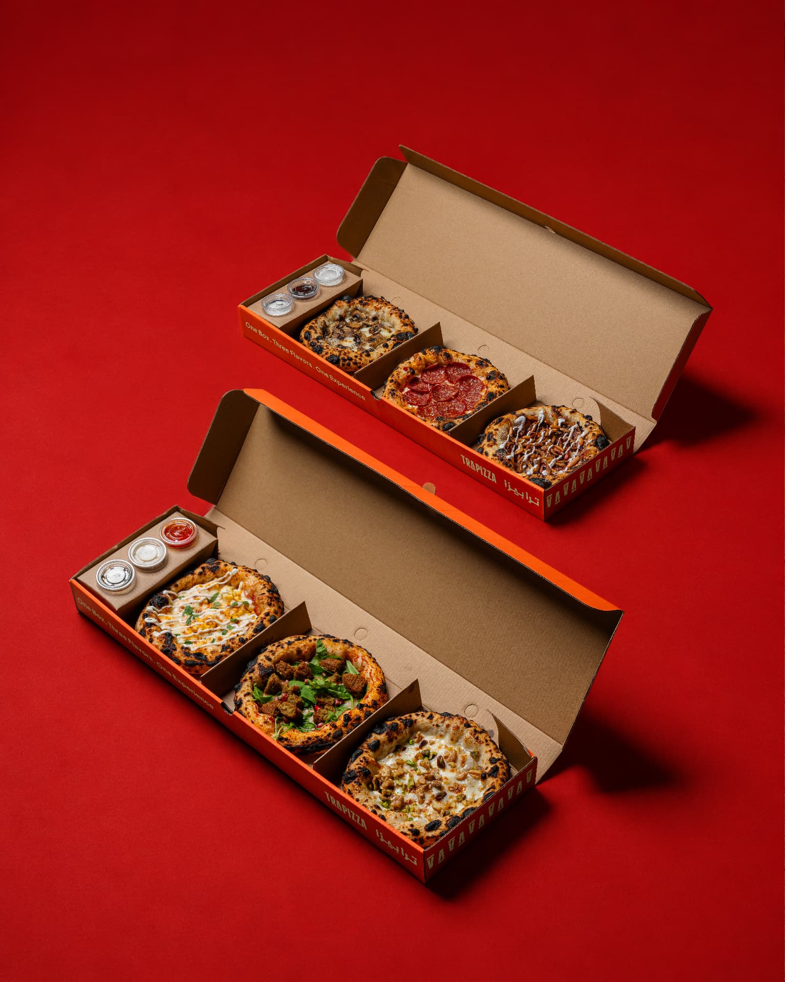 Boxes on red, sauces included
